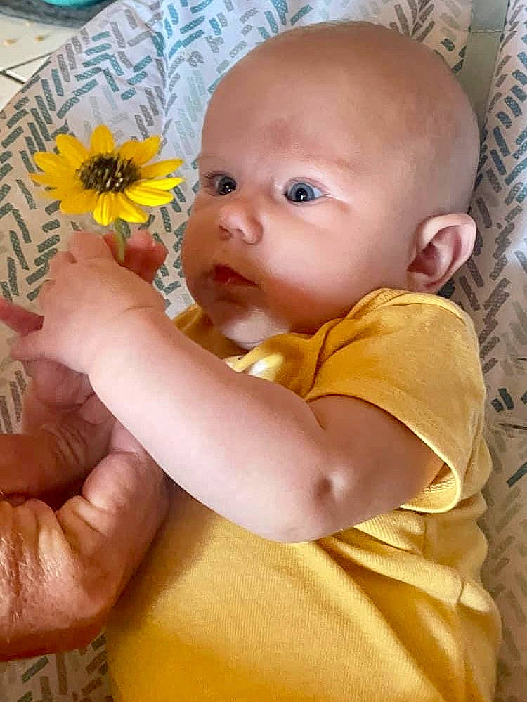 Kayleigh joined the competition — help win amazing prizes! baby, baby_toddler_clothing, cheek, child, finger, flooring, flower, gesture, hand, happy, nail, orange, people_in_nature, person, petal, plant, skin, thumb, toddler, wood