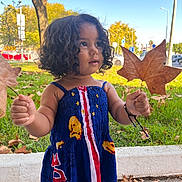 Kyara joined the competition — help win amazing prizes! child, toddler, curly_hair, dress, leaves, autumn, outdoor, park, sidewalk, grass, tree, blue_sky, daylight, playful, nature, holding, person, cute, colorful, happy