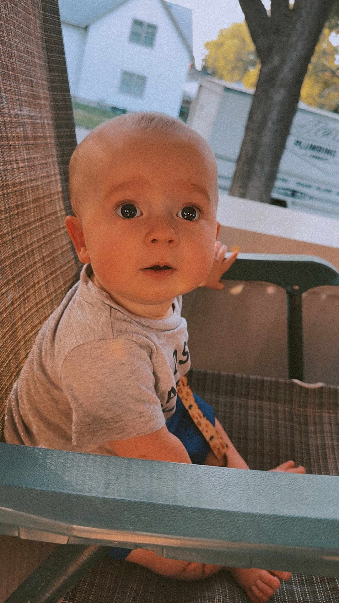 Kamdyn joined the competition — help win amazing prizes! baby, child, sitting, chair, cushion, curious, wide_eyes, indoor, clothing, shirt, foot, hand, face, head, furniture, person, young, infant, expression, looking