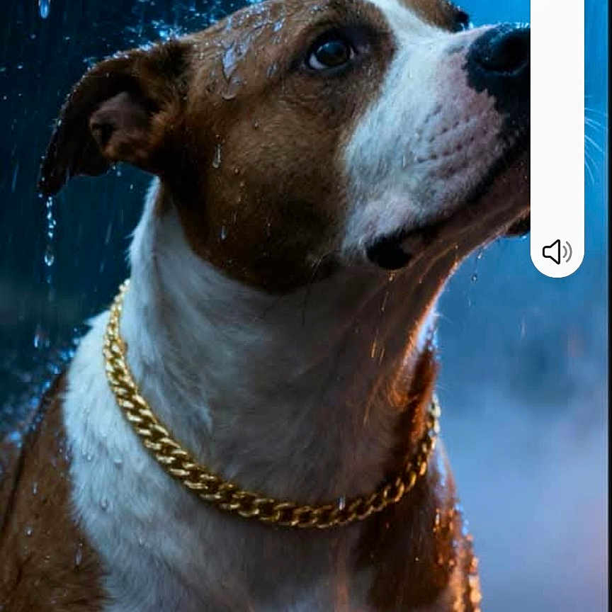 Onyx a rejoint le concours — aidez-le/la à gagner de superbes lots ! animal, blue_background, brown_and_white, canine, chain, close_up, dog, dramatic, fur, looking_up, moody_lighting, necklace, outdoor, pet, portrait, rain, raindrops, water, water_droplets, wet_fur