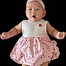 Nova is registered to the contest to win money with this photo: baby, child, pink_dress, headband, flower_headband, strawberry_pattern, infant, cute, portrait, smiling, arms_outstretched, isolated, black_background, adorable, young_child, clothing, fashion, happy, expression, person