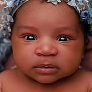 Delilah-Rose is registered to the contest to win money with this photo: baby, infant, face, portrait, closeup, headband, flower_crown, skin, eyes, expression, cute, child, newborn, human, person, soft_light, innocence, curious, young, adorable