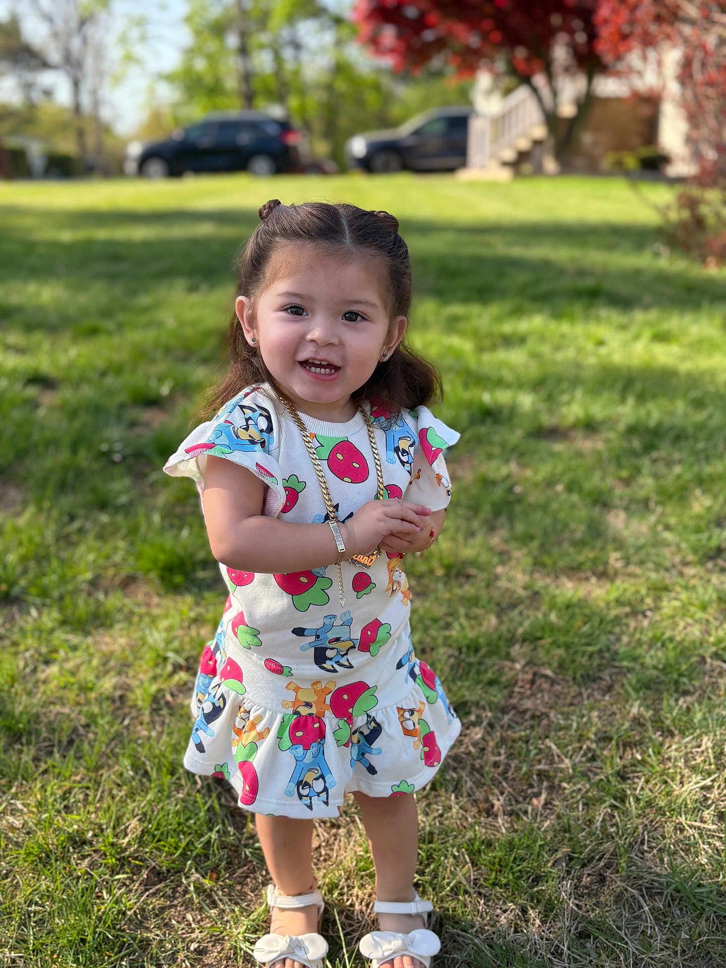 Leilani is registered to the contest to win money with this photo: toddler, child, smiling, dress, cartoon_print, grass, outdoor, sunlight, accessories, bracelet, sandals, gold_chain, happy, standing, nature, person, young_child, greenery, playful, summer