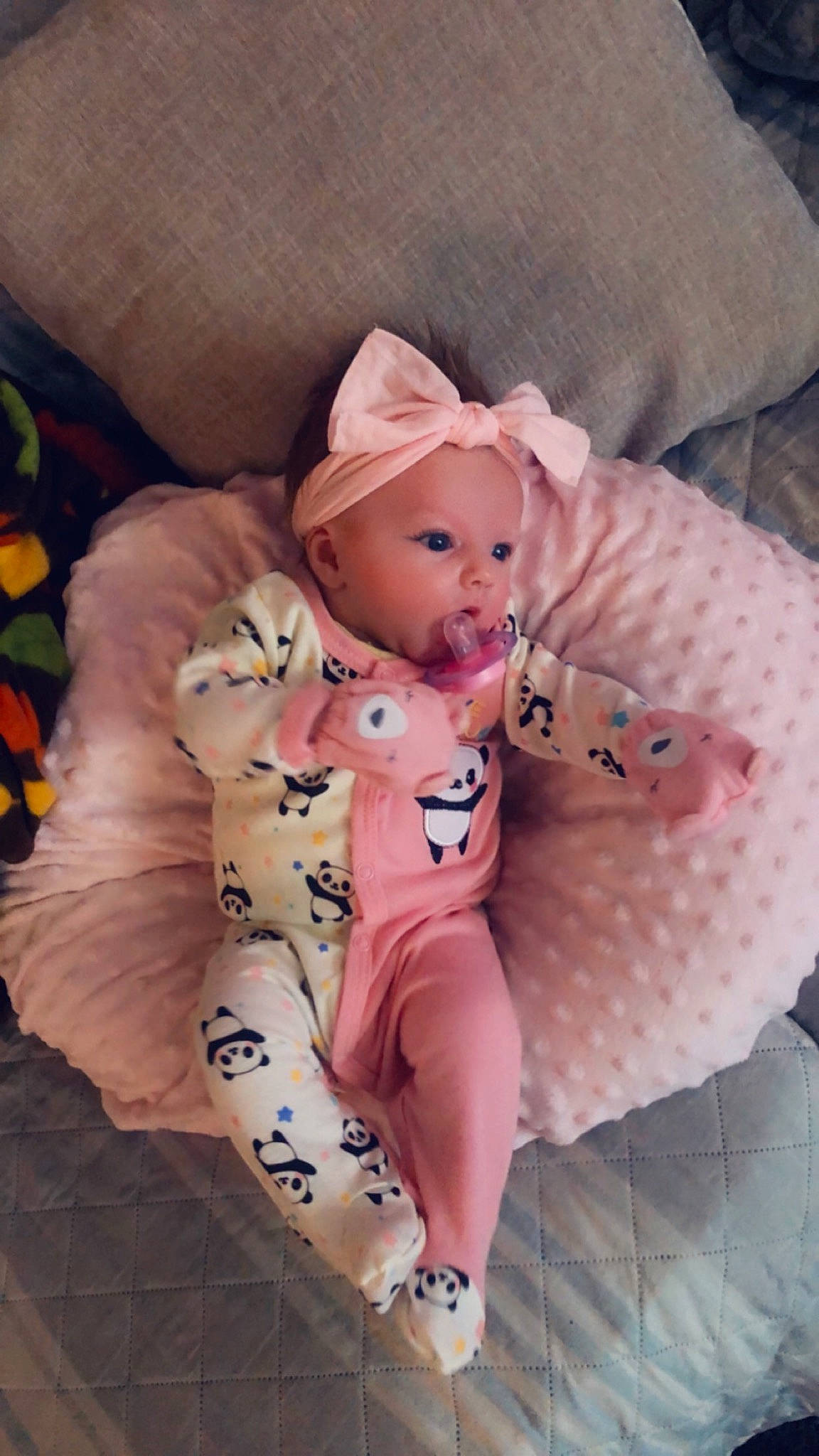 Skylar joined the competition — help win amazing prizes! baby, baby_products, baby_sleeping, baby_toddler_clothing, comfort, doll, eye, fawn, hat, head, headwear, human_leg, linens, pattern, peach, person, pink, stuffed_toy, textile, thigh