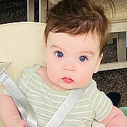 Kaiah is registered to the contest to win money with this photo: baby, child, high_chair, blue_eyes, hair, straps, dining_table, chair, indoor, curious, toddler, seat, infant, person, furniture, carpet, closeup, looking, hands, skin