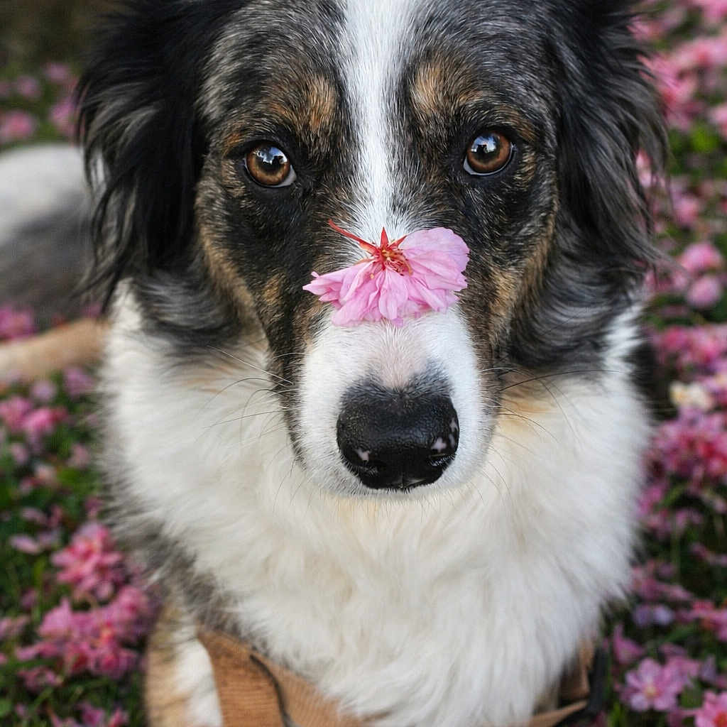 Vaya a rejoint le concours — aidez-le/la à gagner de superbes lots ! dog, flower, pink_flower, nose, animal, pet, outdoor, grass, nature, fur, brown_eyes, white_fur, black_fur, closeup, portrait, leash, cute, calm, spring, blossoms