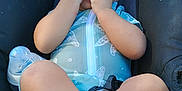 Stephen is registered to the contest to win money with this photo: baby, blue_outfit, bottle, car_seat, child, clothing, comfort, curious, face, feet, hands, indoor, infant, legs, natural_light, nibbling, relaxing, seatbelt, skin, warning_labels