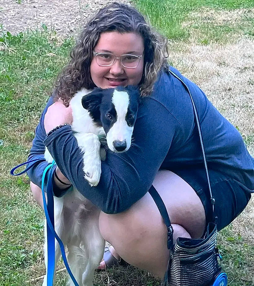 Spark is registered to the contest to win money with this photo: carnivore, companion_dog, dog, dog_breed, electric_blue, eyewear, fawn, fun, grass, happy, human_leg, lap, plant, recreation, sitting, smile, sporting_group, tail, thigh, trunk