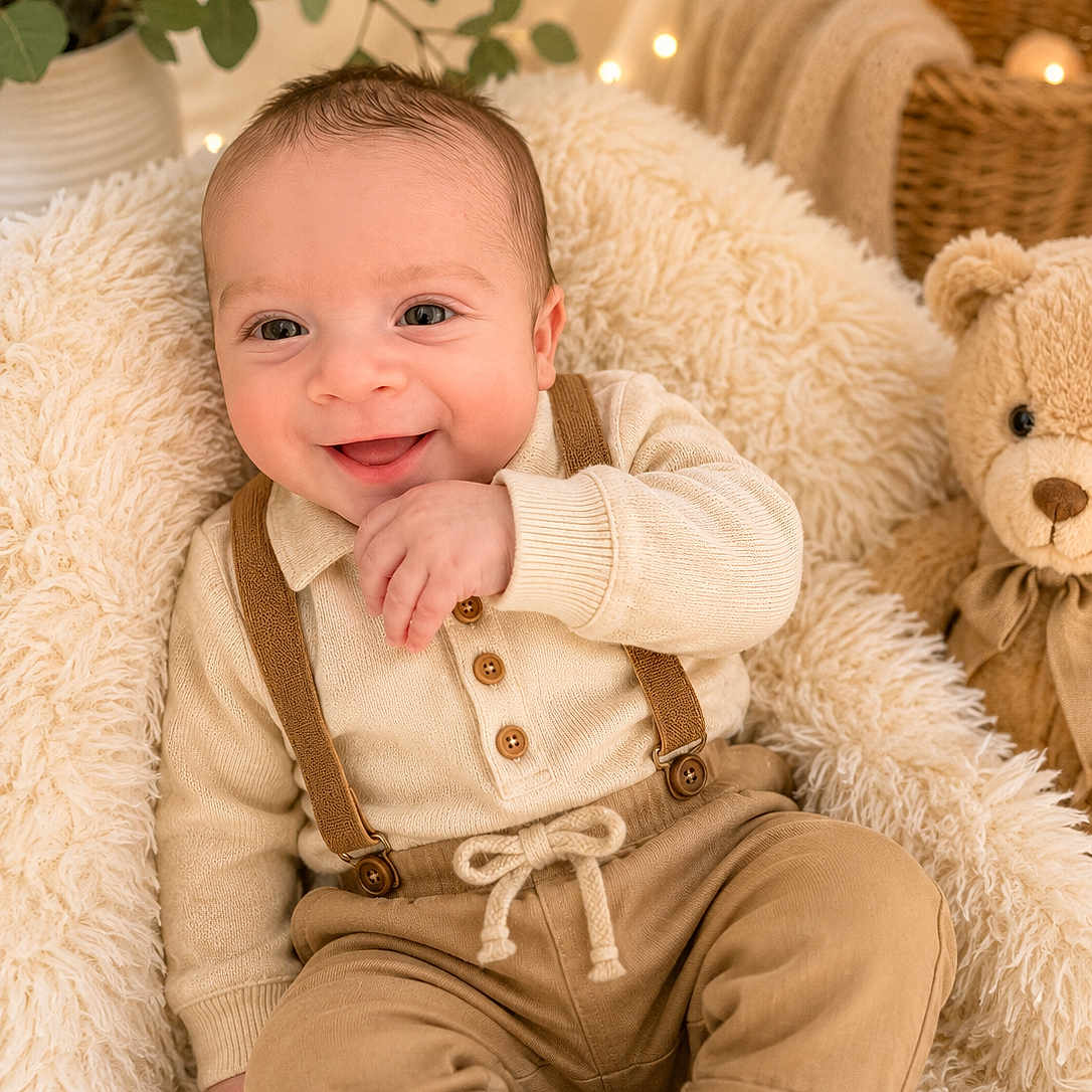 Enzo is registered to the contest to win money with this photo: baby, child, smiling, sitting, beige_clothing, suspenders, teddy_bear, fluffy_chair, cozy, indoor, cute, happy, portrait, warm_lighting, fairy_lights, soft_texture, infant, head, face, person