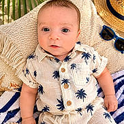 Enzo joined the competition — help win amazing prizes! baby, infant, child, palm_tree_print, shorts, shirt, beach, hat, sunglasses, seashell, blanket, towel, summer, sunlight, cute, portrait, outdoor, relaxing, holiday, toddler
