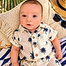 baby, infant, child, palm_tree_print, shorts, shirt, beach, hat, sunglasses, seashell, blanket, towel, summer, sunlight, cute, portrait, outdoor, relaxing, holiday, toddler