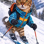 Logan is registered to the contest to win money with this photo: cat, skiing, snow, winter, outdoor, animal, sportswear, jacket, gloves, skis, ski_poles, snowy_mountain, backpack, action, motion, fur, wildlife, adventure, nature, recreation