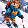 cat, skiing, snow, winter, outdoor, animal, sportswear, jacket, gloves, skis, ski_poles, snowy_mountain, backpack, action, motion, fur, wildlife, adventure, nature, recreation