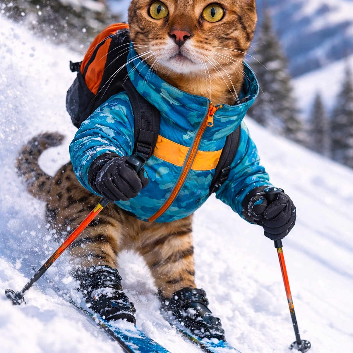 Logan is registered to the contest to win money with this photo: cat, skiing, snow, winter, outdoor, animal, sportswear, jacket, gloves, skis, ski_poles, snowy_mountain, backpack, action, motion, fur, wildlife, adventure, nature, recreation