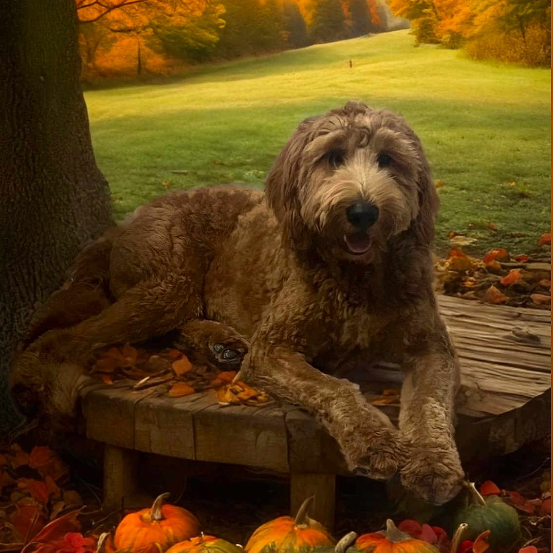Charlie is registered to the contest to win money with this photo: animal, canine, face, food, grass, head, leaf, nature, outdoors, park, person, photography, plant, portrait, produce, pumpkin, squash, tree, vegetable, vegetation