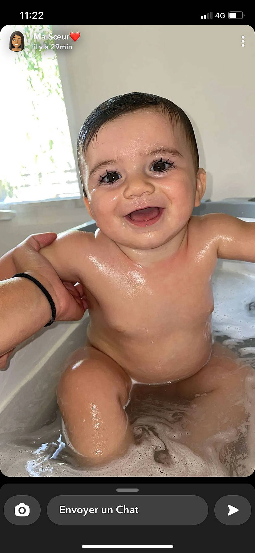 April participe au concours pour gagner de l'argent avec cette photo : baby_bathing, bathing, bathroom, bathtub, cheek, chest, chin, eye, eyebrow, fluid, foam, fun, jaw, joy, lip, mouth, nose, person, skin, smile