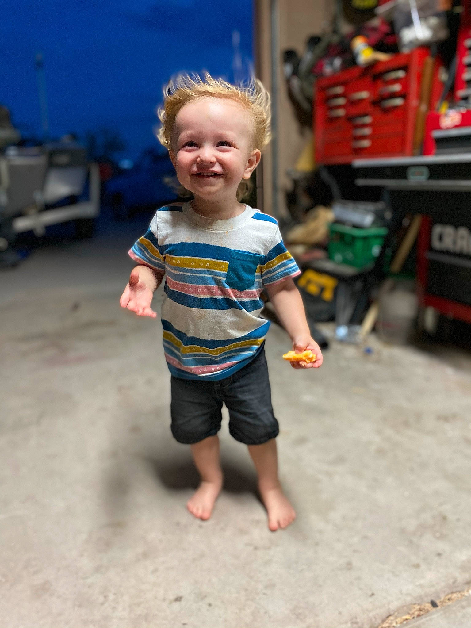 Brayden joined the competition — help win amazing prizes! asphalt, baby, barefoot, child, city, facial_expression, flooring, foot, fun, happy, joy, leisure, person, recreation, shorts, sitting, smile, t_shirt, toddler, travel