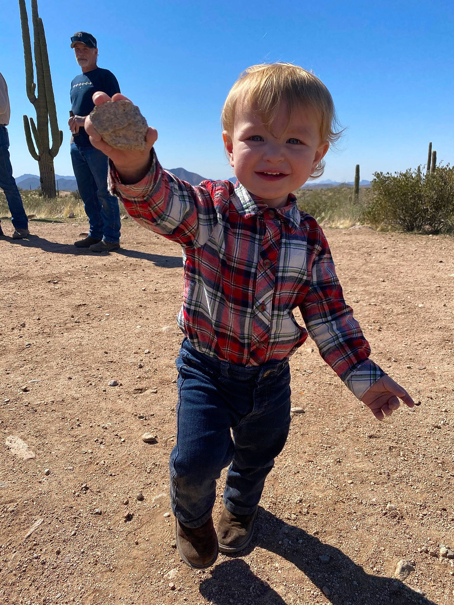 Brayden joined the competition — help win amazing prizes! child, denim, fun, gesture, grass, happy, headwear, jeans, joy, landscape, people_in_nature, person, plaid, sand, sky, sleeve, smile, soil, standing, tartan
