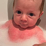 Charlie joined the competition — help win amazing prizes! baby, child, bath, bathtub, foam, bubbles, water, skin, face, head, expression, wet_hair, indoors, cute, young, person, portrait, looking, sitting, clean