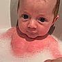 baby, child, bath, bathtub, foam, bubbles, water, skin, face, head, expression, wet_hair, indoors, cute, young, person, portrait, looking, sitting, clean