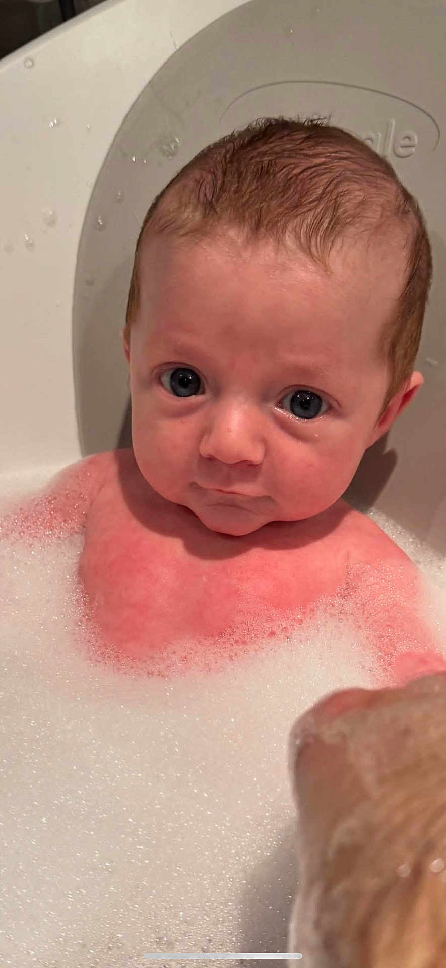 Charlie joined the competition — help win amazing prizes! baby, child, bath, bathtub, foam, bubbles, water, skin, face, head, expression, wet_hair, indoors, cute, young, person, portrait, looking, sitting, clean