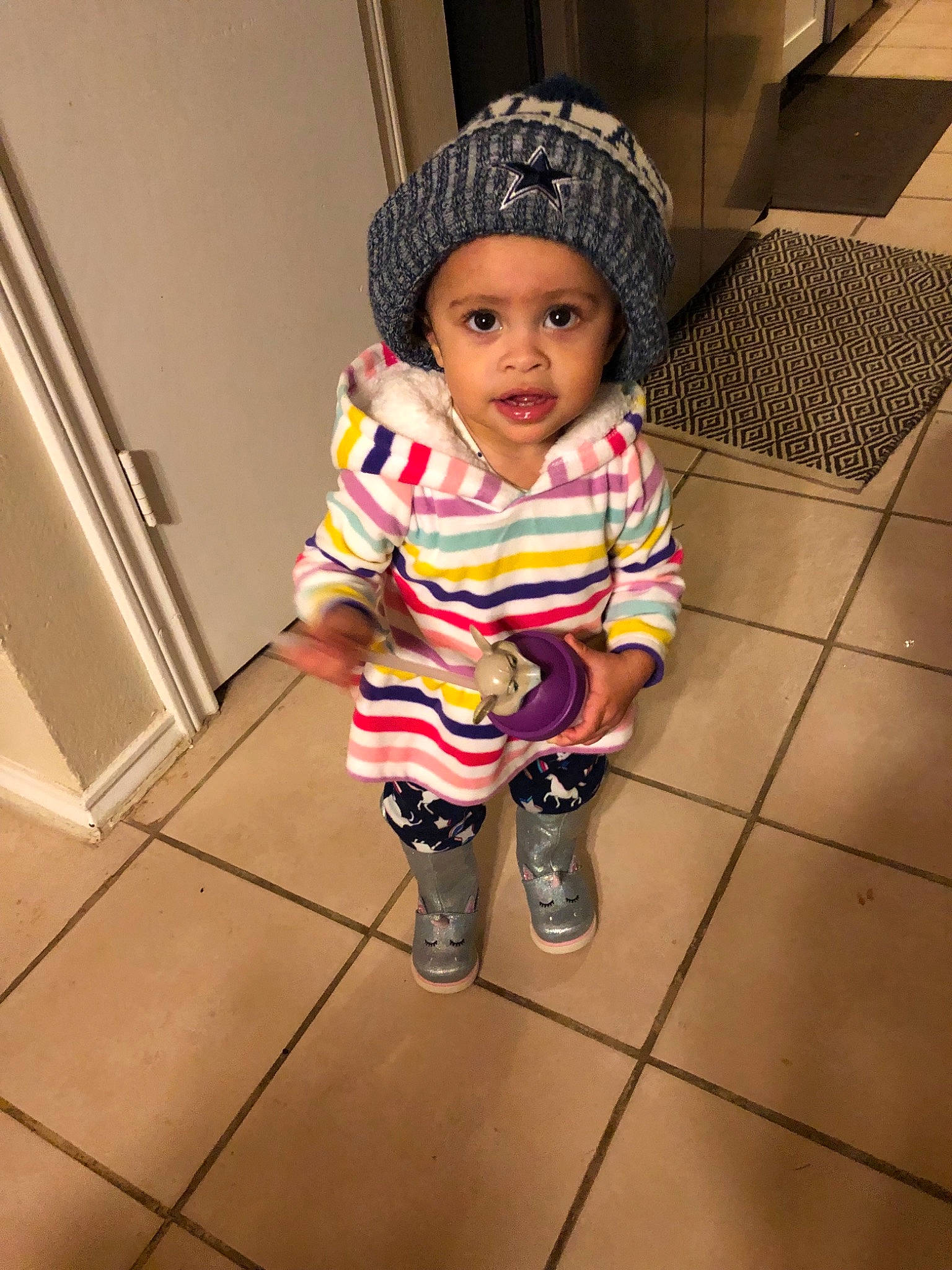 Charlie joined the competition — help win amazing prizes! beanie, cap, child, cool, day, floor, girl, headgear, infant, pattern, person, product, skin, textile, toddler
