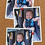 Jax joined the competition — help win amazing prizes! baby, car_seat, child, infant, blue_clothing, striped_shorts, safety_harness, hand_holding, expression, smile, serious_face, pinned_photos, corkboard, indoors, person, seat, cute, portrait, photography, toddler