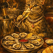 Patsy Cline joined the competition — help win amazing prizes! art, beverage, bread, cat, celebration, champagne, dining_table, fancy, food, glass, indoor, lemon, luxury, oysters, painting, pearl_necklace, restaurant, romantic_couple, tabby, warm_lighting
