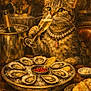 art, beverage, bread, cat, celebration, champagne, dining_table, fancy, food, glass, indoor, lemon, luxury, oysters, painting, pearl_necklace, restaurant, romantic_couple, tabby, warm_lighting