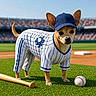 Willow joined the competition — help win amazing prizes! dog, puppy, baseball, baseball_field, sports_uniform, cap, stadium, sports, bat, baseball_ball, grass, outdoor, athlete, uniform, standing, animal, pet, cute, stadium_crowd, daylight