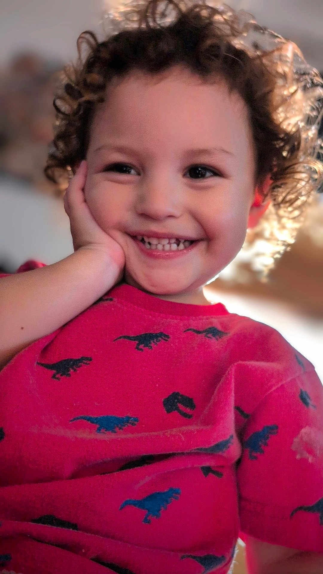 Arz is registered to the contest to win money with this photo: child, toddler, smiling, curly_hair, red_shirt, dinosaur_pattern, hand_on_face, happy, portrait, indoors, cute, young_child, person, face, bright, cheerful, casual_clothing, closeup, childhood, joy