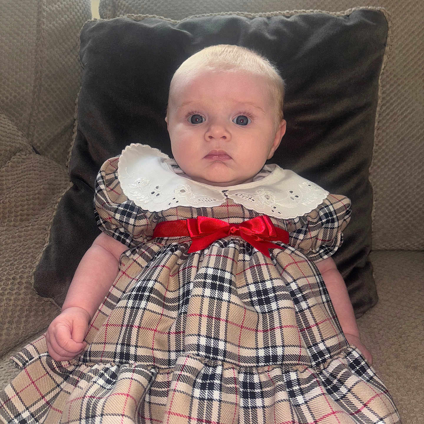 Ariella-Rae joined the competition — help win amazing prizes! baby, child, clothing, couch, cute, expression, face, furniture, home, indoor, light, person, pillow, plaid_dress, portrait, red_bow, sitting, sock, window, young_child