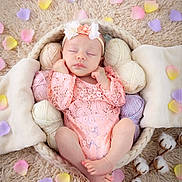 Jannah participe au concours pour gagner de l'argent avec cette photo : baby, newborn, sleeping, headband, flower_petals, petals, yarn_balls, basket, blanket, lace_outfit, pastel_colors, cozy, infant, portrait, studio_photo, knitted_yarn, cotton_branch, soft_texture, peaceful, props