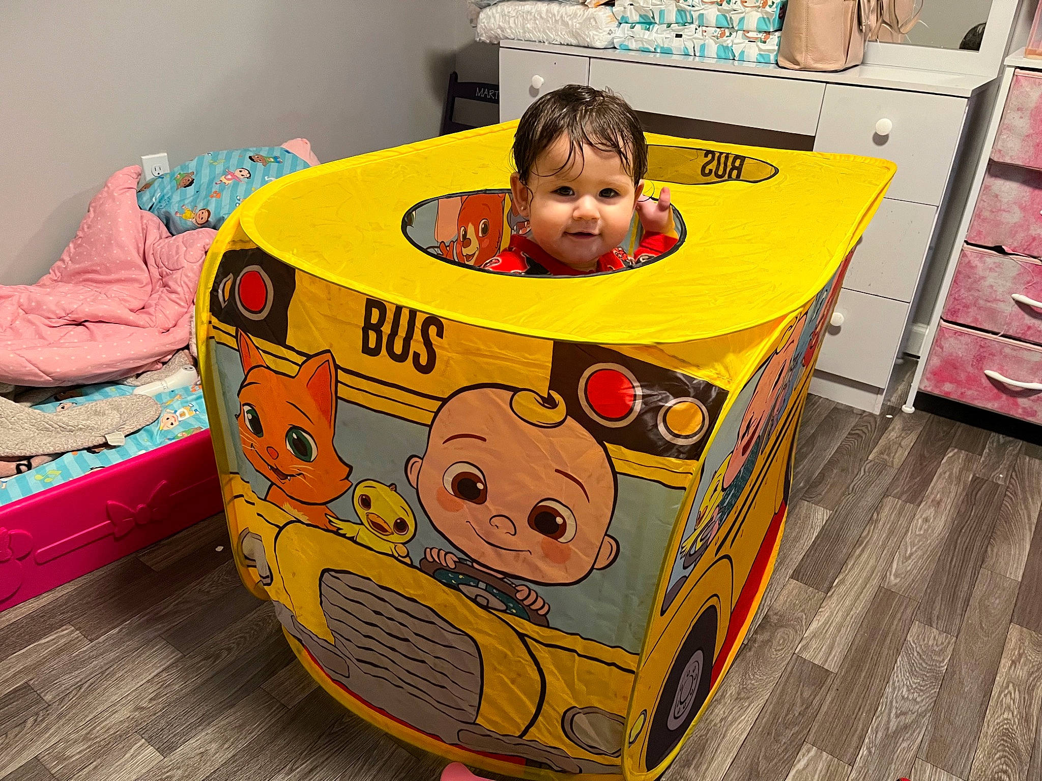 Martha joined the competition — help win amazing prizes! baby, baby_products, baby_toddler_clothing, baby_toys, bag, cabinetry, chest_of_drawers, child, flooring, fun, happy, joy, linens, luggage_and_bags, person, plastic, play, room, shelf, smile