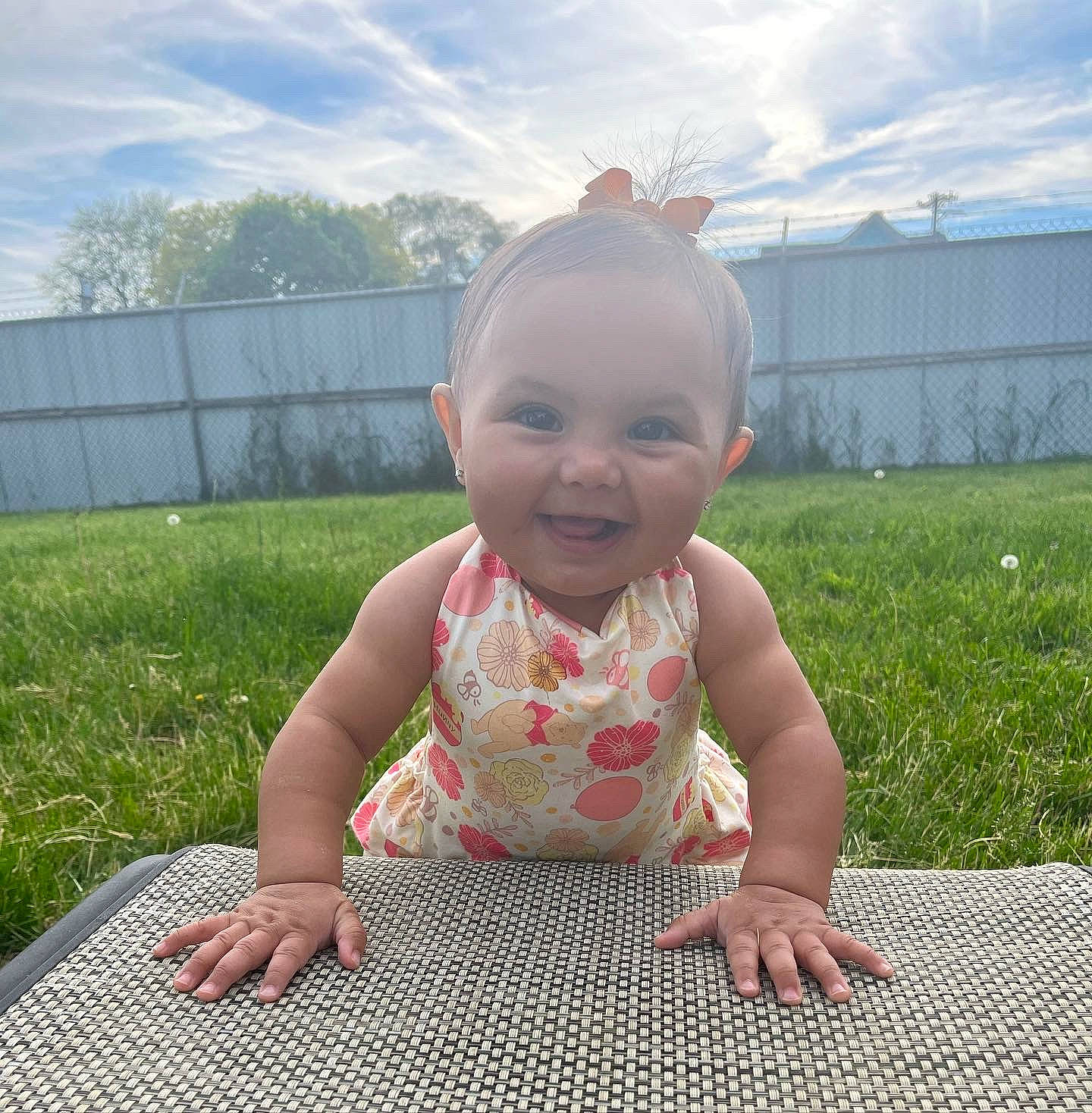 Lylah joined the competition — help win amazing prizes! baby, baby_toddler_clothing, child, cloud, crawling, flooring, fun, grass, grass_family, hairstyle, happy, leisure, pattern, people_in_nature, person, plant, skin, sky, smile, toddler