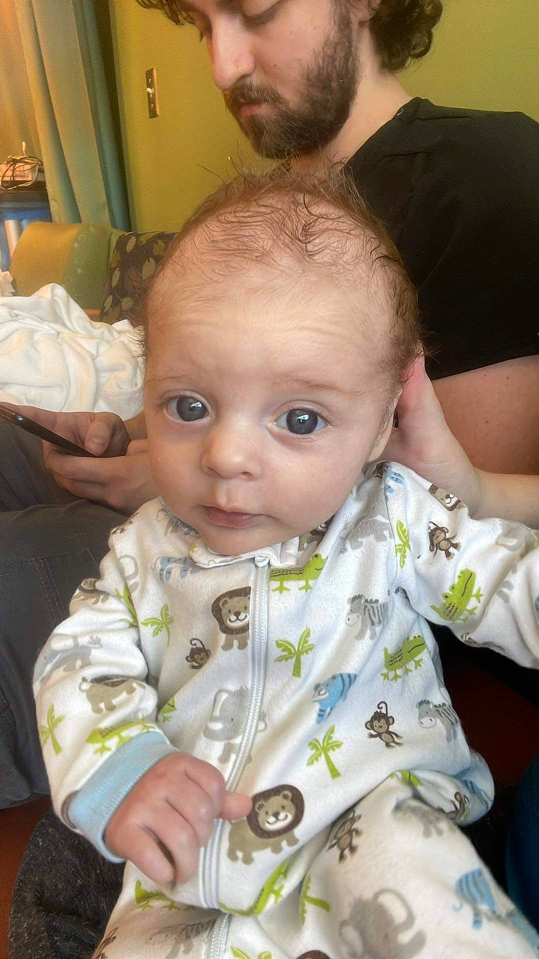 Atticus joined the competition — help win amazing prizes! baby, baby_products, baby_toddler_clothing, buzz_cut, cheek, child, dress, eyelash, formal_wear, fun, hairstyle, happy, iris, lip, mouth, nose, person, sitting, skin, sleeve