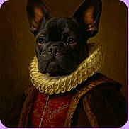 Arthur a rejoint le concours — aidez-le/la à gagner de superbes lots ! dog, french_bulldog, portrait, renaissance_style, ruff_collar, costume, historical_clothing, dark_background, regal, noble, animal, pet, black_dog, artistic, classical, humorous, dressed_up, indoor, closeup, studio_lighting