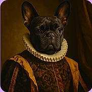 Alf a rejoint le concours — aidez-le/la à gagner de superbes lots ! dog, french_bulldog, portrait, renaissance_clothing, ruffled_collar, costume, brown_background, studio_lighting, animal_portrait, pet, canine, historical_style, artistic, regal, serious_expression, indoor, close_up, fur, ears, face