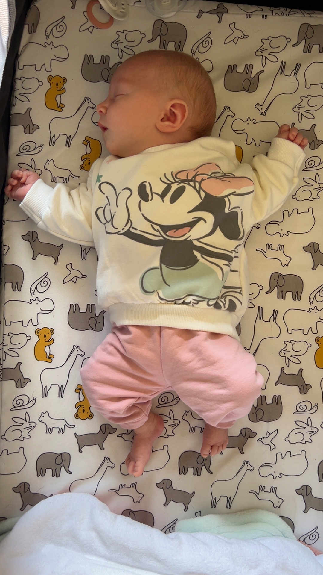 Jade a rejoint le concours — aidez-le/la à gagner de superbes lots ! baby, sleeping, infant, blanket, animal_print, minnie_mouse, sweater, pink_pants, feet, hands, lying_down, bed, cute, peaceful, indoors, child, portrait, soft, cozy, rest
