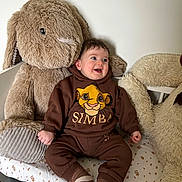 Ezio participe au concours pour gagner de l'argent avec cette photo : baby, bed, brown_clothing, child, cozy, cushion, cute, furniture, happy, hoodie, indoor, person, plush_toy, portrait, sitting, smile, soft_toys, striped_socks, stuffed_animal, toddler