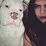 dog, white_dog, person, woman, face, portrait, close_up, indoor, pet, companion, brown_nose, long_hair, dark_lipstick, selfie, animal, friendship, calm, looking_at_camera, indoors, cute