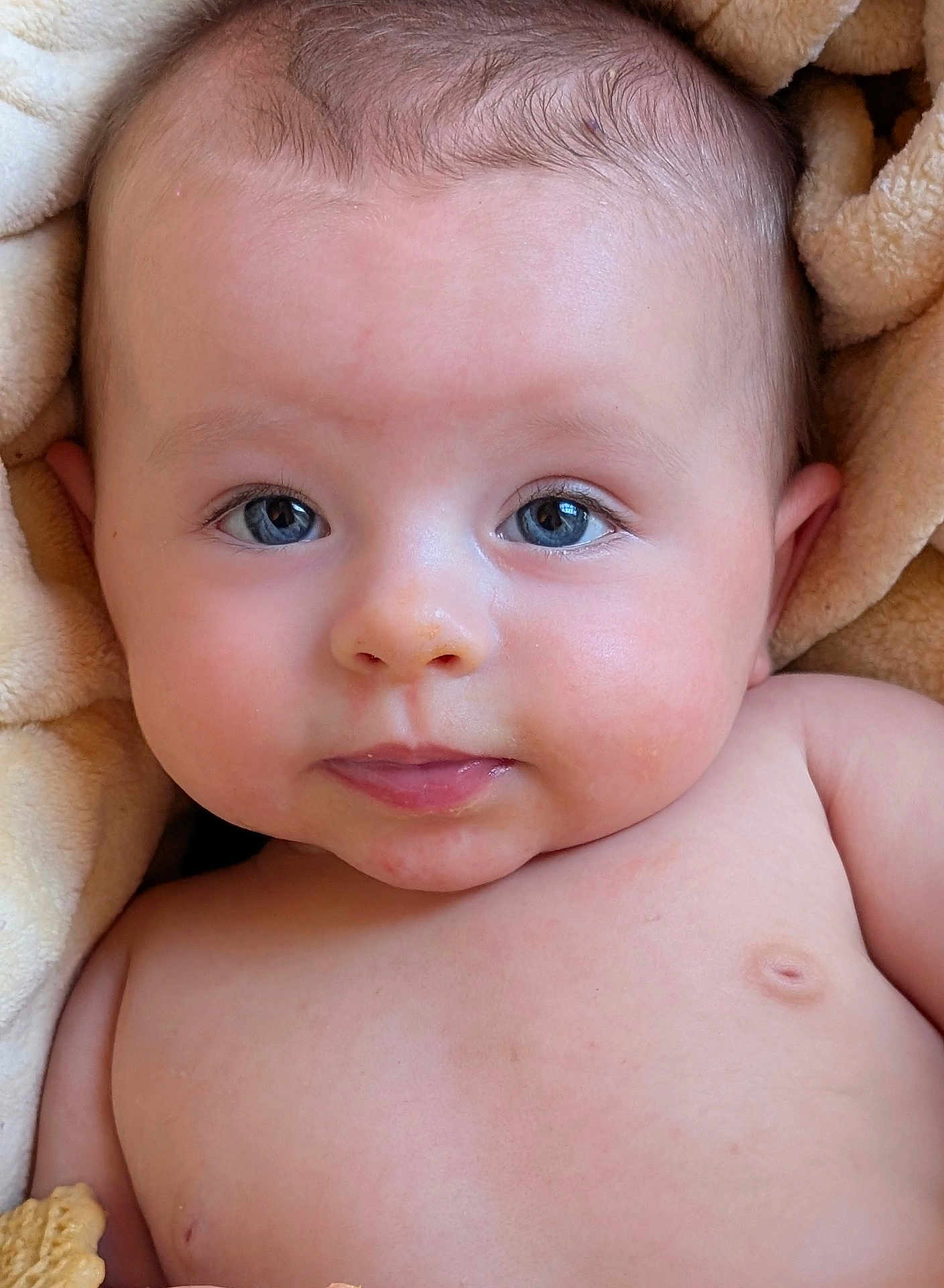 Enola joined the competition — help win amazing prizes! baby, infant, face, blue_eyes, skin, blanket, close_up, portrait, child, cute, expression, soft, newborn, head, chest, warm, comfort, natural_light, peaceful, young