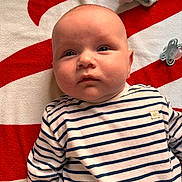 Juliano participe au concours pour gagner de l'argent avec cette photo : baby, blanket, blue, child, clothing, comfort, cute, expression, face, head, indoors, infant, lying_down, pacifier, portrait, red, soft_toy, striped_shirt, white, young_child