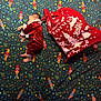 baby, infant, sleeping, red_clothing, velvet, christmas_sack, holiday, nutcracker_pattern, blanket, feet, toes, festive, decor, pattern, sleep, cozy, indoor, person, child, celebration