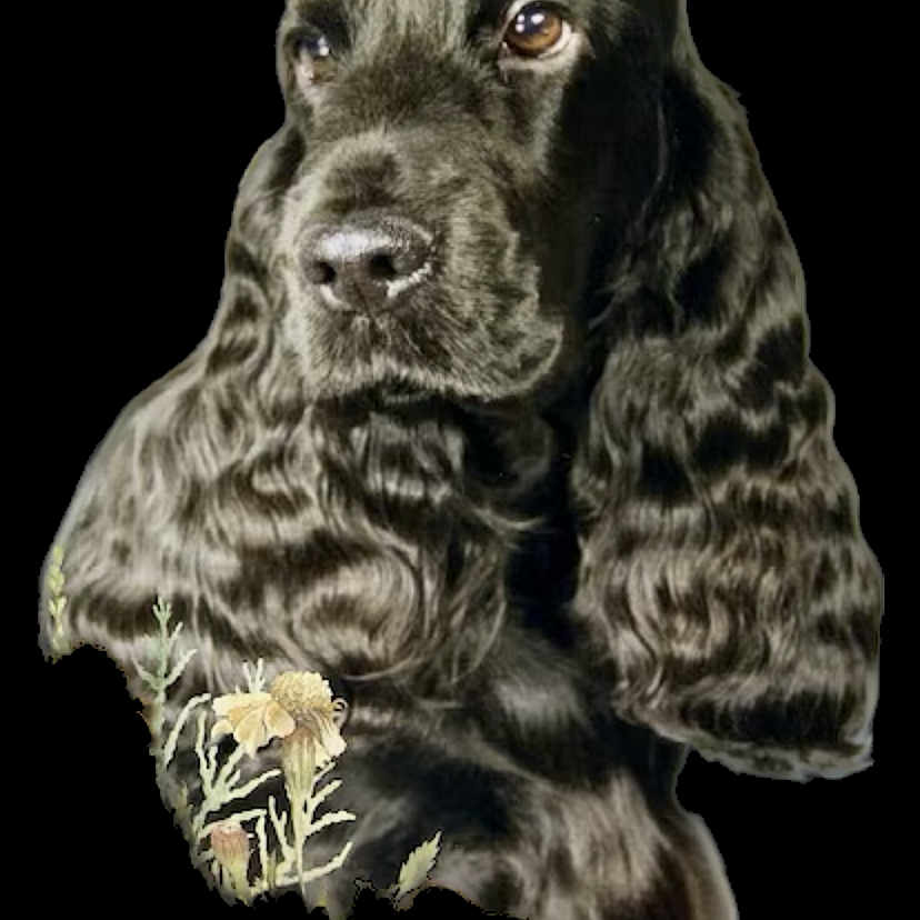 Sully a rejoint le concours — aidez-le/la à gagner de superbes lots ! dog, black_dog, portrait, wavy_fur, animal, pet, studio_shot, black_background, detailed, close_up, floral_design, artistic, elegant, thoughtful, cute, mammal, companion, furry, animal_portrait, isolated
