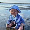Lowen participe au concours pour gagner de l'argent avec cette photo : baby, child, beach, water, sand, hat, blue_stripes, sun_hat, sitting, reflection, smile, barefoot, outdoor, summer, cute, infant, ocean, playful, sunny, shallow_water