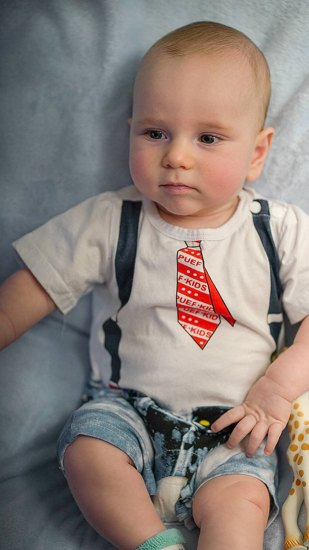 Ripley joined the competition — help win amazing prizes! baby, baby_products, baby_toddler_clothing, cheek, child, child_model, leg, person, product, sitting, skin, t_shirt, toddler