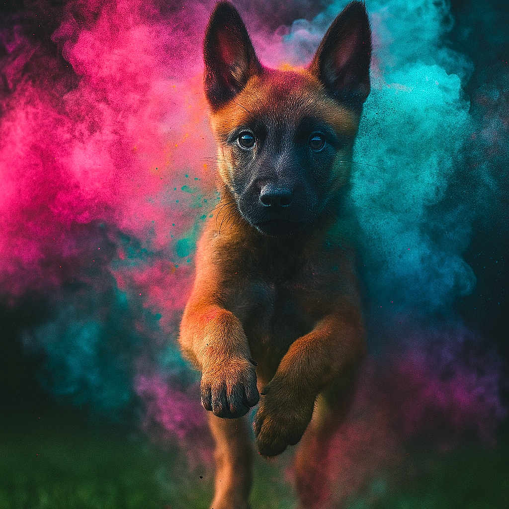 Aïka a rejoint le concours — aidez-le/la à gagner de superbes lots ! action, animal, blue, color_powder, dark_background, dog, dynamic, ears, energetic, front_paw, fur, grass, jumping, motion, outdoor, pink, portrait, puppy, running, vibrant_colors