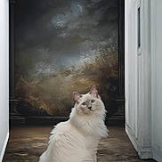 Alba participe au concours pour gagner de l'argent avec cette photo : animal, background, blue_eyes, calm, cat, close_up, domestic_cat, elegant, feline, floor, fluffy, indoor, long_hair, looking_up, pet, portrait, sitting, texture, wall, white_cat