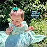 toddler, child, bubble, greenery, outdoor, dress, bow, sunlight, grass, curious, nature, baby, playful, portrait, garden, summer, young_child, sitting, innocence, daylight